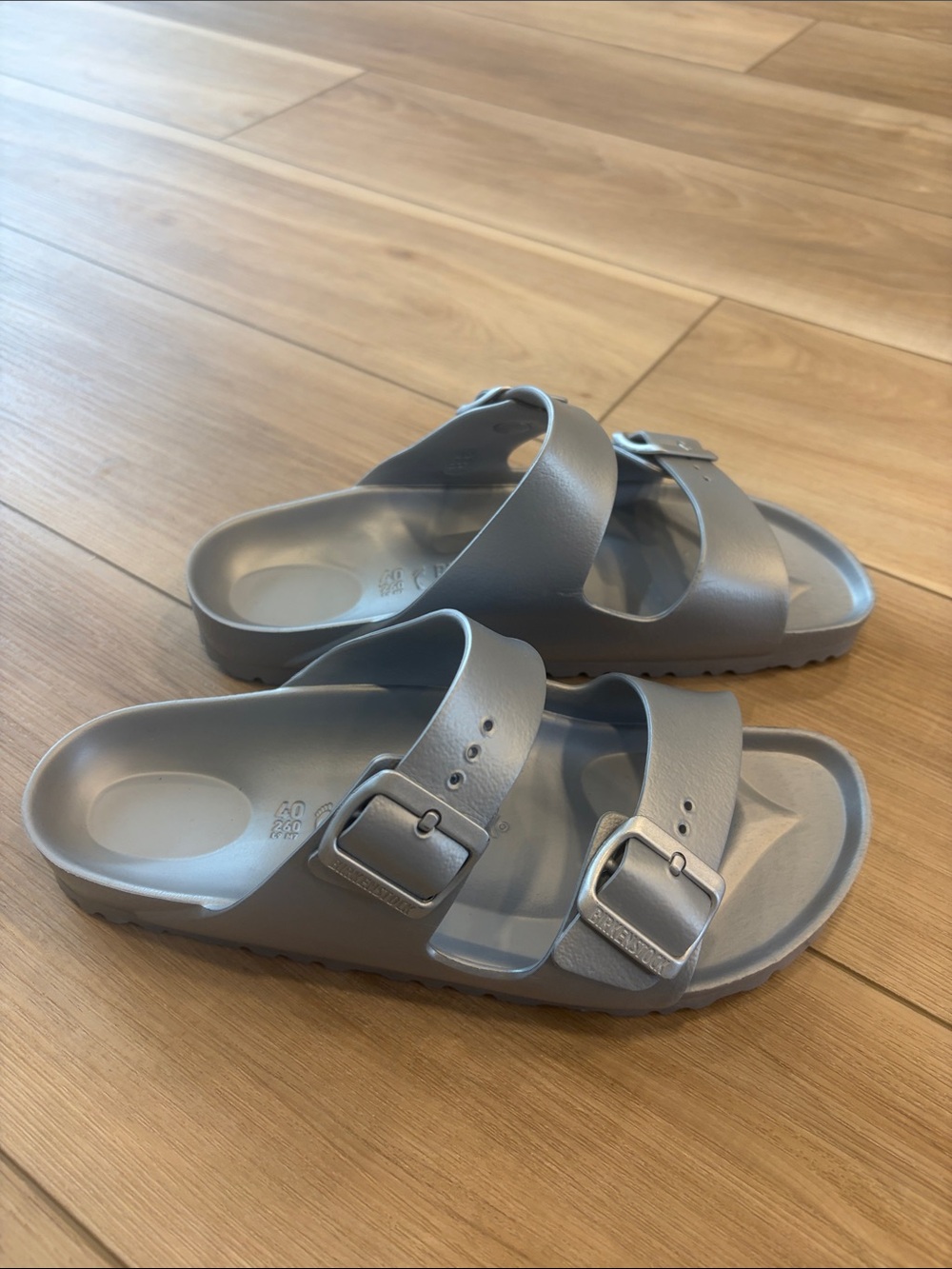 New Birkenstock Silver Double-Buckle Slide Sandals